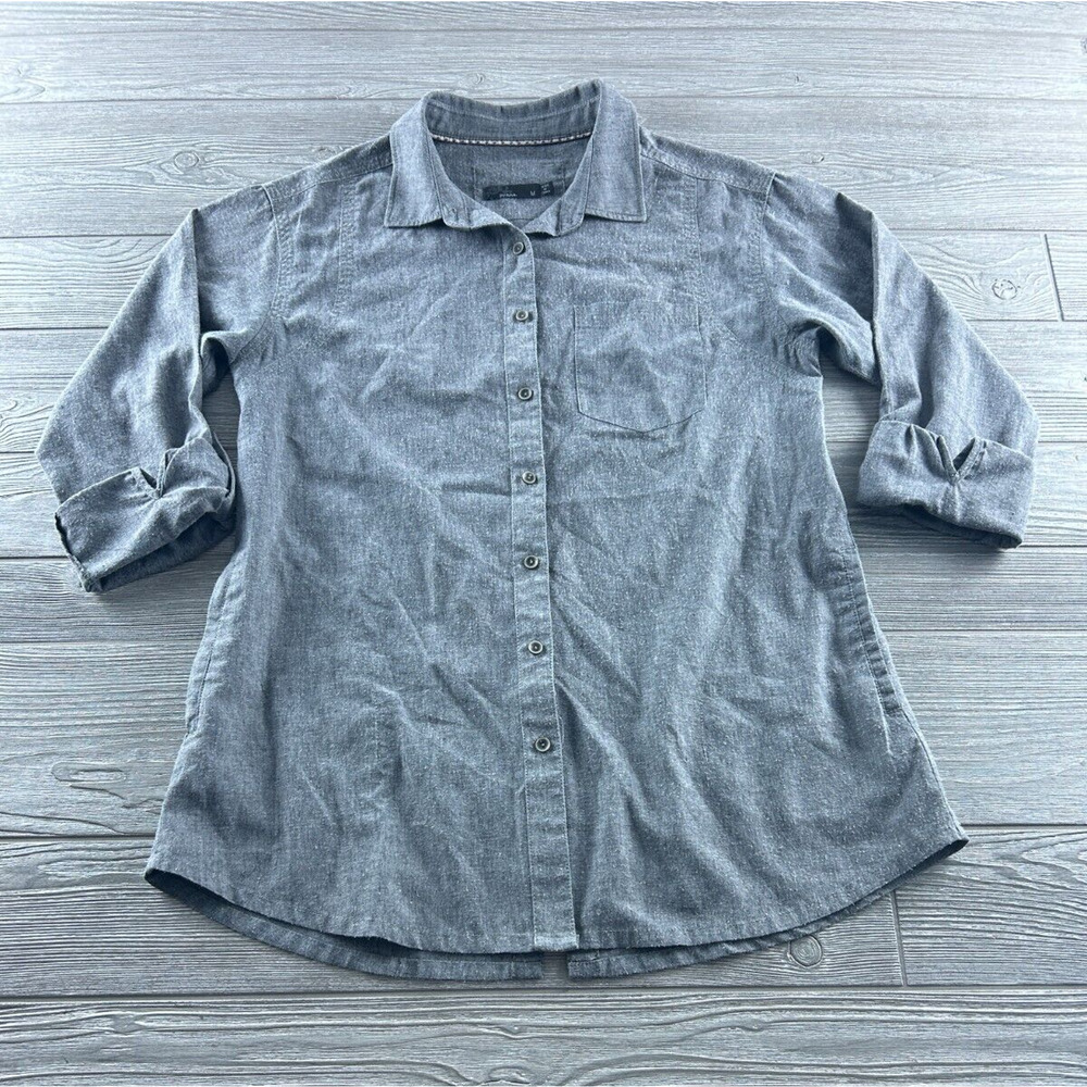 Prana Shirt Adult M Gray Aster Tunic Button Up Side Pockets Roll Tab Womens